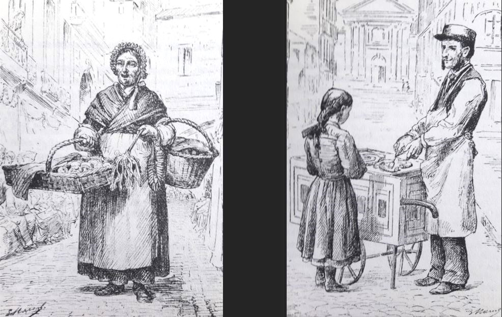 Le temps des gourmandises : à gauche, las Flausounas, tartelettes chaudes vendues rue Jacques Coeur, et à droite, le marchand de begnets, installé à l'angle de la rue du faubourg Saunerie et Boulevard Jeu de Paume