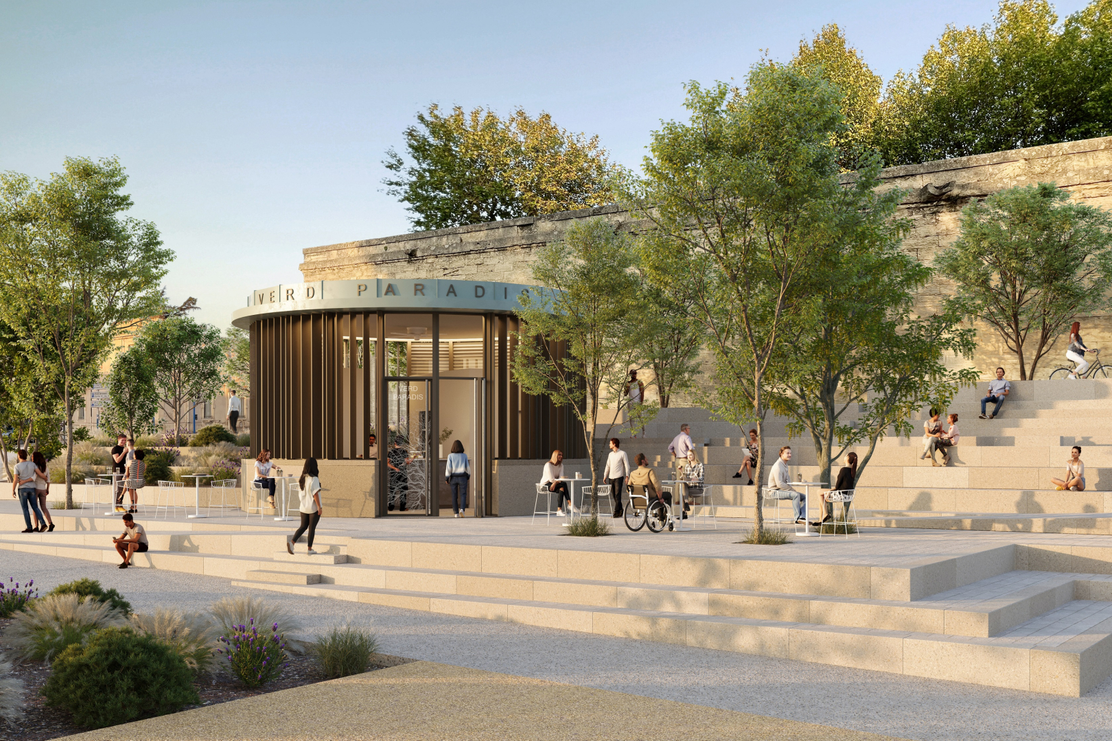 perspective d'architecte centrée sur le kiosque alimentaire et les gradins végétation