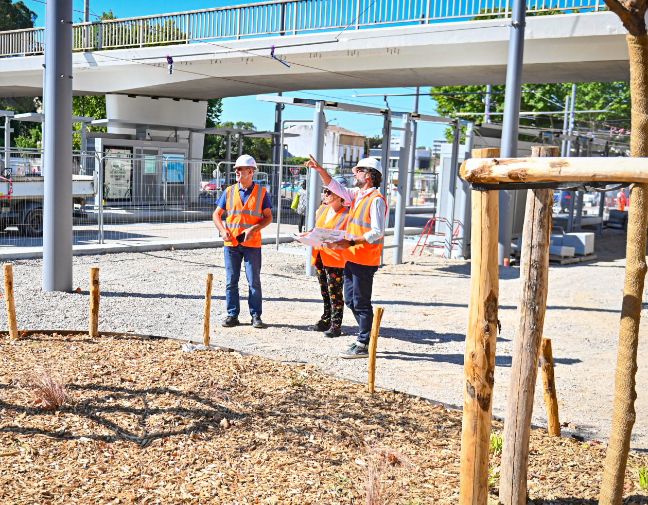 travaux de végétalisation, arbres, paysagistes, avenue, viaduc, ciel, station de tramway en construction 