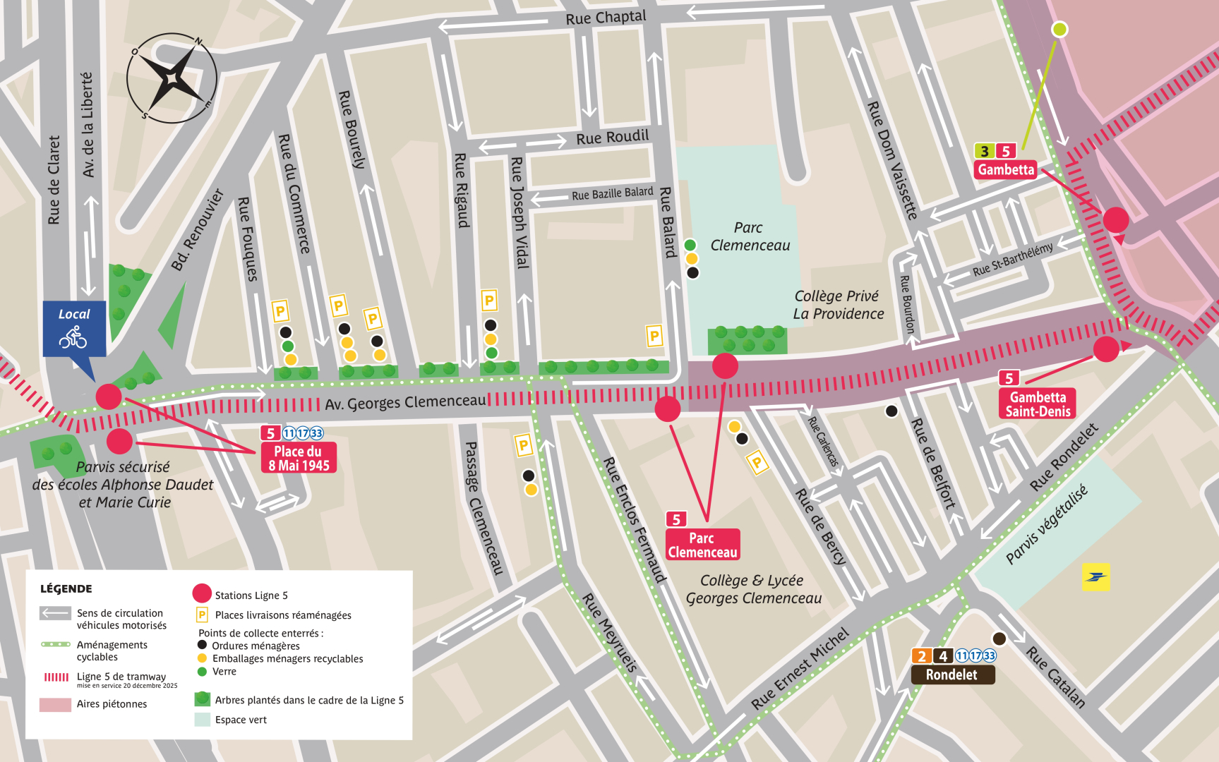 carte axes de circulation plateforme de tramway ligne 5 itinéraire alternatif pour les vélos