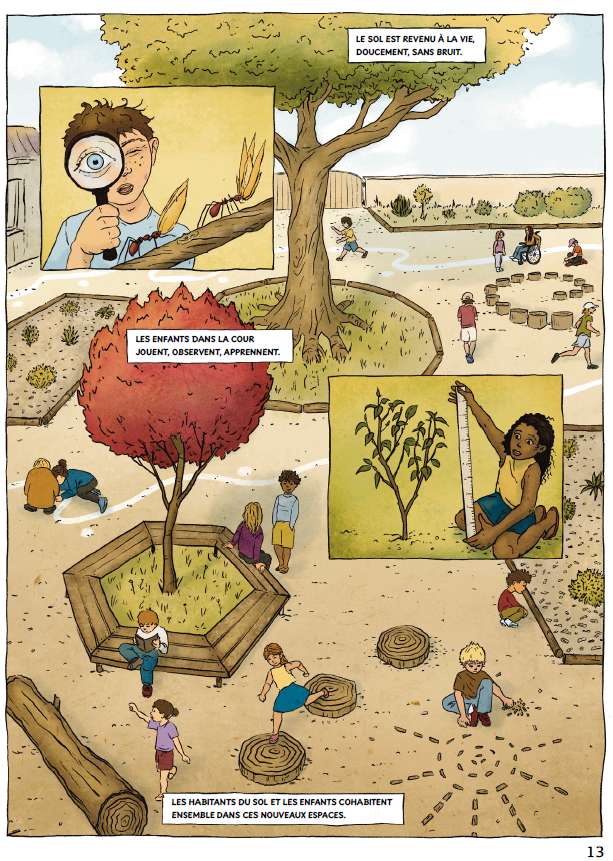 P13 de la BD avec des enfants qui observent la biodiversité dans leur cour d'école végétalisée